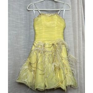 Party Time Yellow Rhinestone Feather Cocktail Party Dress‎ Fairy Women's Size 2